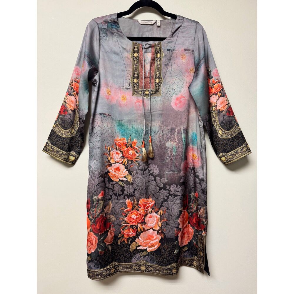 SOFT SURROUNDINGS Beaded Floral Tunic Tassel Ties, Boho, Cover Up, Sz PS